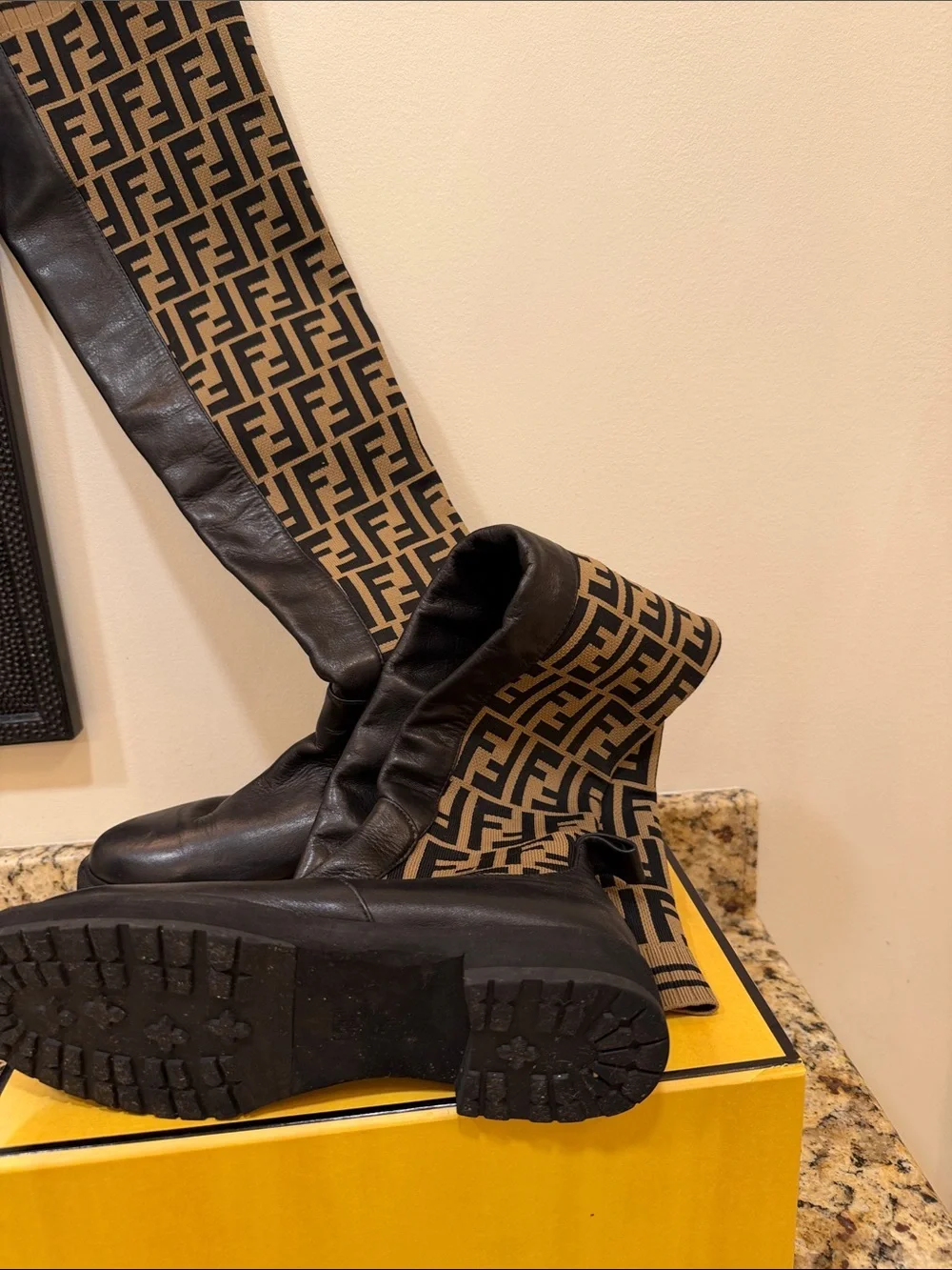 Fendi Beige and Black Zucca Monogram boots with Black Leather Trim